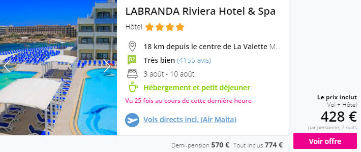 Vol + Hôtel Lyon Malte 428 euros